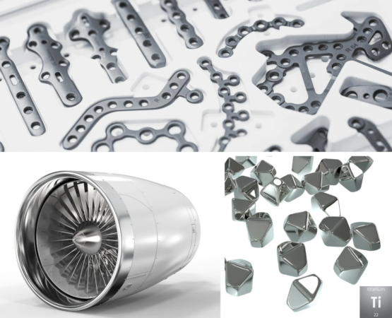 医療用インプラント、ジェットエンジン、そしてチタンの塊が並べられた、チタンとその様々な工業的応用例を示す複合画像です。