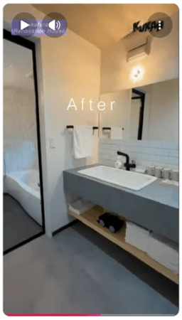 リノベーション後のモダンなバスルームと洗面所の様子。