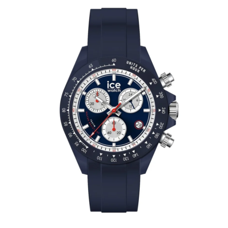 ネイビーのシリコンバンドと文字盤が特徴的なICE WATCHのクロノグラフ腕時計