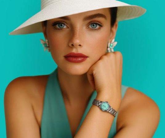 白い帽子とティール色のドレスを着用した女性のエレガントなポートレート