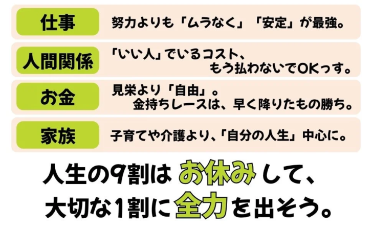 仕事、人間関係、お金、家族といった人生の各側面において、安定や自由、そして「自分の人生」を最優先にする考え方を提示しています。
