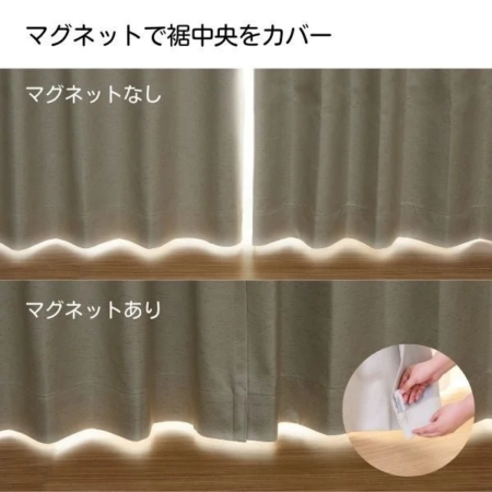 カーテンの裾中央からの光漏れを防ぐマグネットの効果を比較した画像です。