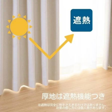 遮熱機能付きの厚地カーテンが描かれた画像で、太陽光が反射される様子と「遮熱」の文字が強調されています。