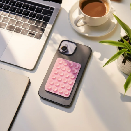 白いデスクに置かれたスマートフォンとピンクの吸盤式アクセサリー、ノートパソコン、コーヒーカップ、観葉植物を写した画像です。