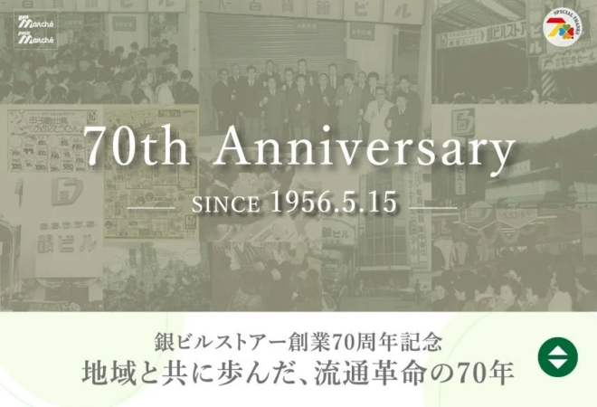 銀ビルストアー創業70周年記念のロゴとレトロな写真