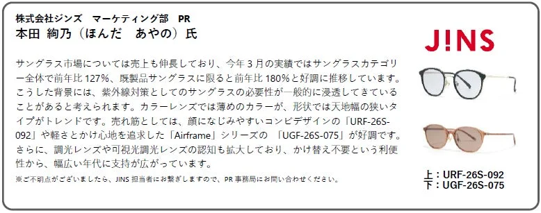 JINS 本田絢乃氏コメントと商品