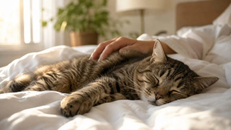 白いベッドで眠る猫