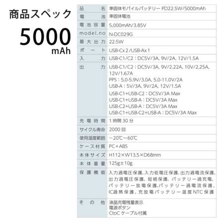 準固体モバイルバッテリー PD22.5W/5000mAh