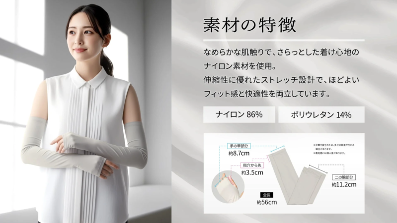 アームカバーを着用した女性の画像と、その製品の素材特性、組成、および各部の寸法が説明されています。ナイロンとポリウレタンの混紡で、なめらかな肌触りとストレッチ性による快適なフィット感が特徴です。