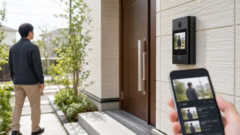 モダンな住宅の玄関に設置されたスマートドアベルが、立ち去る男性の姿を捉えています。