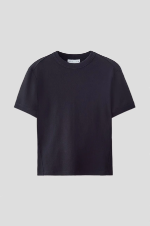 ネイビーのリブ編み半袖Tシャツ