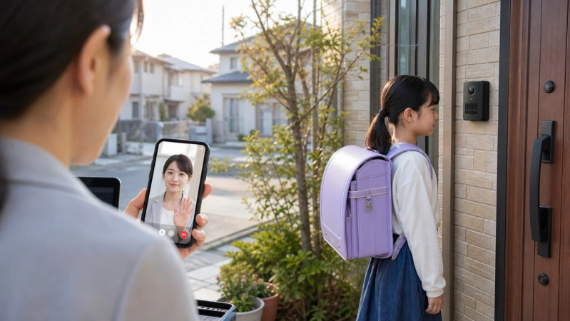 スマートフォンでビデオ通話をする女性が、玄関でランドセルを背負った子供とスマートインターホン越しに会話している。