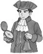 歴史的な服装をした男性がコンパスとベルを持っているモノクロのイラスト