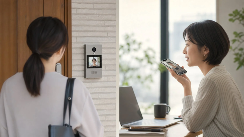 玄関のスマートインターホンとスマートフォンを使い、来客対応をする女性の様子。