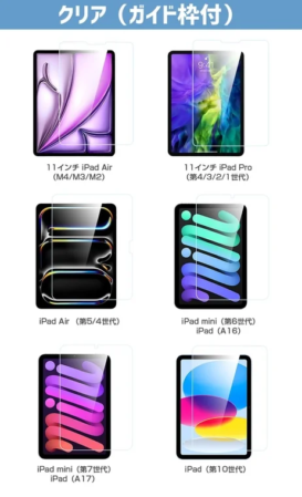 様々なiPadモデルに対応するクリアタイプのスクリーンプロテクター