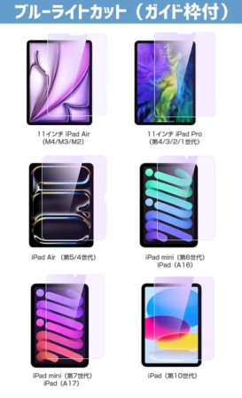 ブルーライトカット機能とガイド枠付きのiPad用保護フィルム