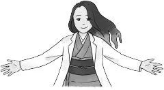 白衣を着た女性が両腕を広げ歓迎するように微笑んでいるイラスト