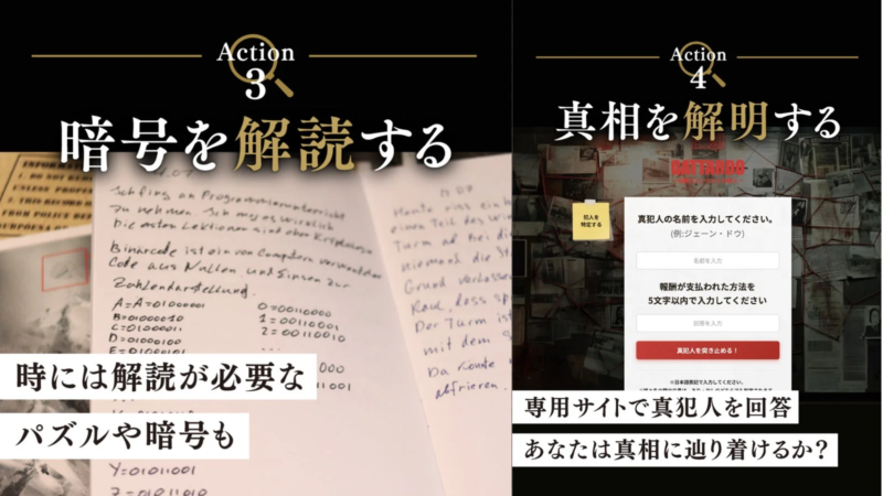 この画像は、謎解きイベントやゲームの進行ステップを示しています。左側は「Action 3 暗号を解読する」としてバイナリコードとドイツ語の手書きメモが、右側は「Action 4 真相を解明する」として犯人特定のための入力フォームが提示されており、参加者が暗号を解読し、真犯人を見つけ出す体験が描かれています。