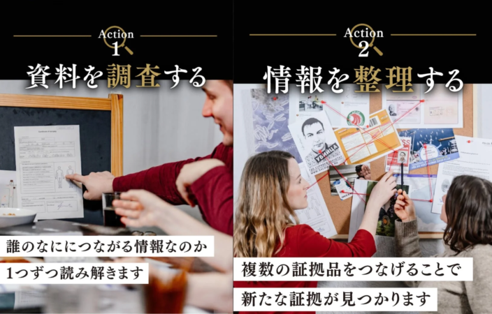 男性が資料を調査し、女性たちがコルクボードを使って情報を整理している様子が描かれています。探偵や捜査活動を思わせるシーンで、情報収集と分析の重要性を示唆しています。