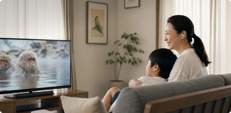 リビングのソファで、笑顔の女性と子供が一緒にテレビを見ている様子