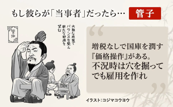 管子が経済政策について語るイラスト