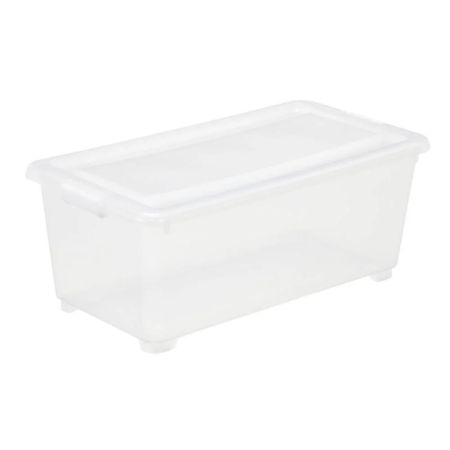 透明なプラスチック製のフタ付き収納ボックス