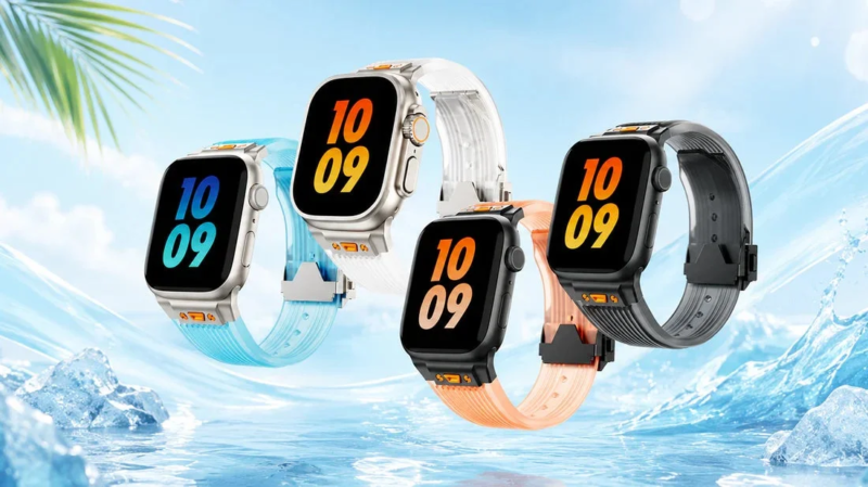 複数のスマートウォッチが、水しぶきと氷を背景に浮かんでいるように配置されています。それぞれ異なる色のバンドを持ち、夏やアウトドアでの使用を想起させる爽やかでスタイリッシュな製品イメージです。