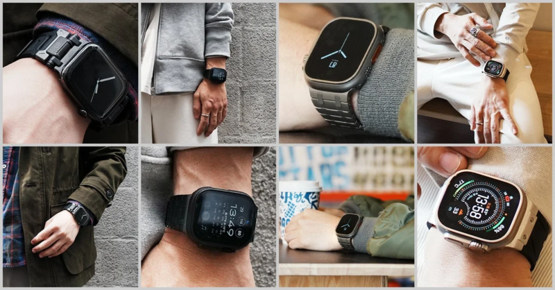 様々なスマートウォッチ、特にApple Watch Ultraのようなモデルが、多様なバンドやスタイルで着用されている様子を捉えたコラージュ画像です。ファッションアイテムとしてのスマートウォッチの日常的なコーディネートが示されています。