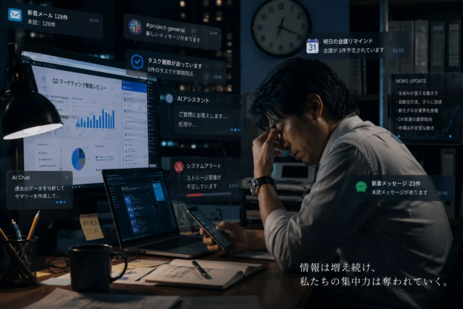 深夜のオフィスで、男性がPCとスマホからの膨大な通知や情報に圧倒され、疲労困憊している様子。