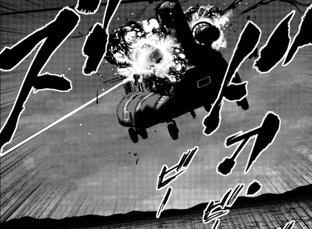 爆発に見舞われた航空機が空中を飛行している様子を描いた漫画の一コマ