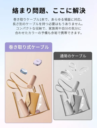 巻き取り式ケーブルが絡まり問題を解決し、コンパクトで携帯しやすい様子