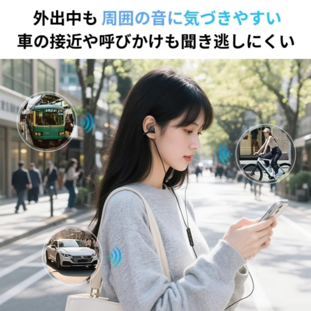 外出中にイヤホンを使用しながらも周囲の音に気づきやすい