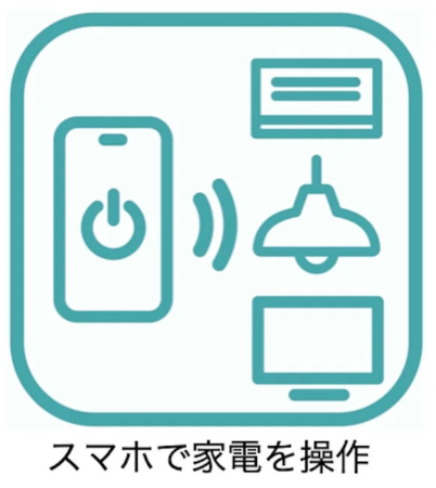 スマートフォンを使って、エアコン、照明、テレビなどの様々な家電製品を遠隔で操作できるスマートホームの概念を示すアイコン