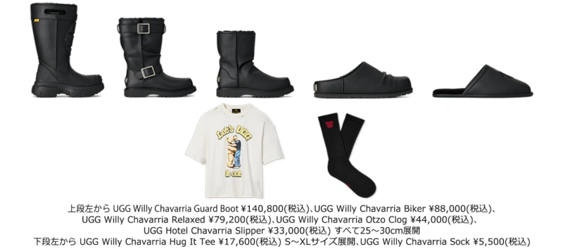 UGGとWilly Chavarriaのコラボレーション商品を紹介する画像です。Guard Boot、Biker、Relaxedなどのフットウェア5点、Hug It TeeとSockが1点ずつ掲載され、各商品の名称、価格、サイズ展開が記載されています。
