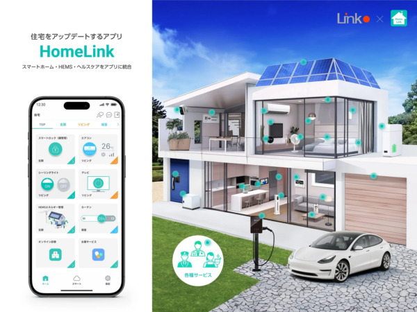 スマートホームアプリ「HomeLink」がHEMSやヘルスケアと連携し、住宅のあらゆる機能を一元管理する様子