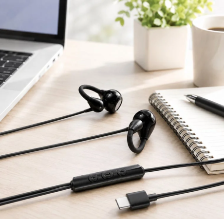USB-C接続の黒いイヤホンが木製のデスクに置かれています。