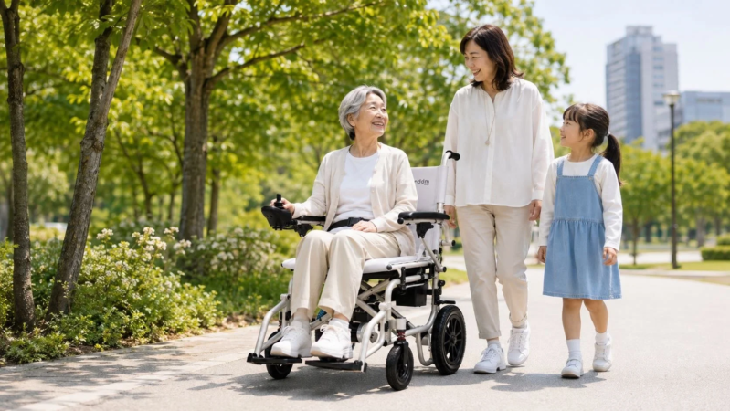 公園を散歩する家族と電動車椅子