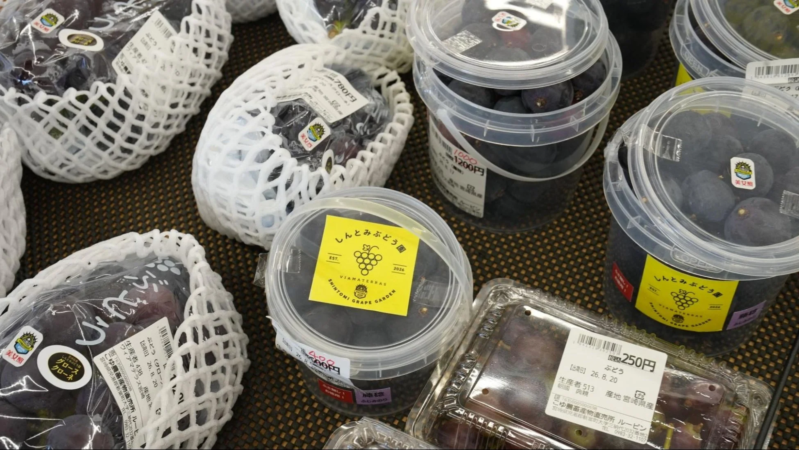 スーパーや直売所で販売されている、複数のパックや容器に入ったぶどうの陳列風景